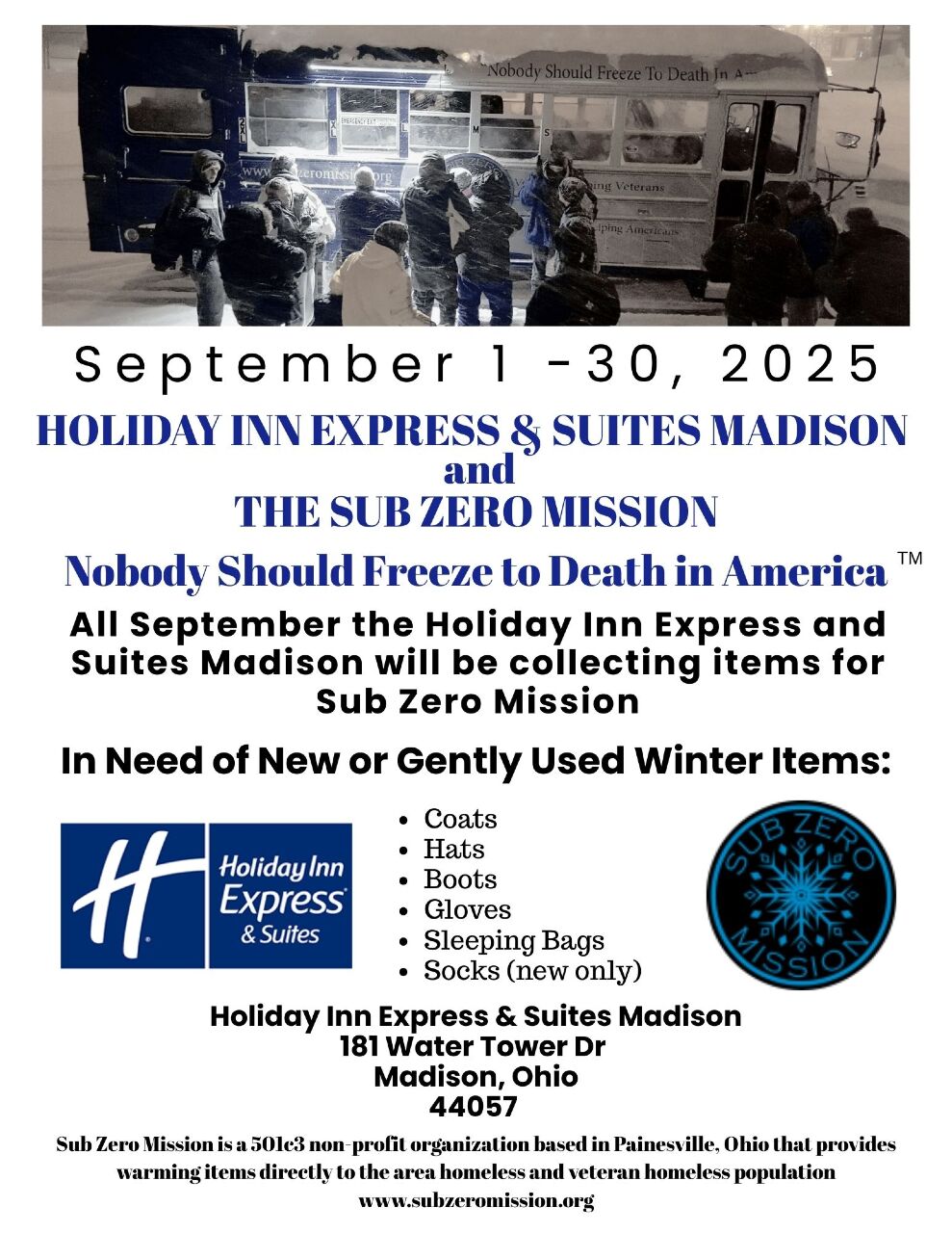 This is a Month-Long donation drive for September! They will contact us after the drive to coordinate donation delivery.  